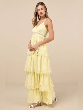 Reeds Spring Prom Lulus | Dresses | Lulus Reed Light Yellow Tiered Lace Maxi Dress Xs ...